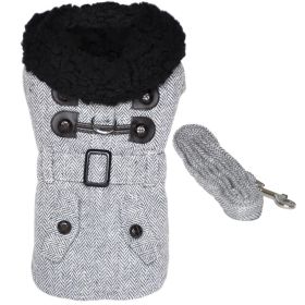Grey Herringbone Designer Harness Coat and Matching Leash (size: small)